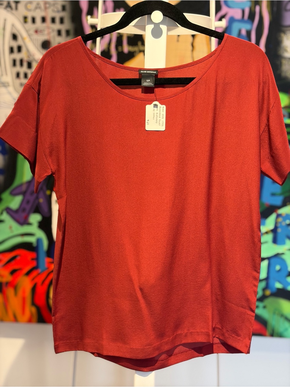 Club Monaco 100% Silk Rust Red Short Sleeve Scoop Neck